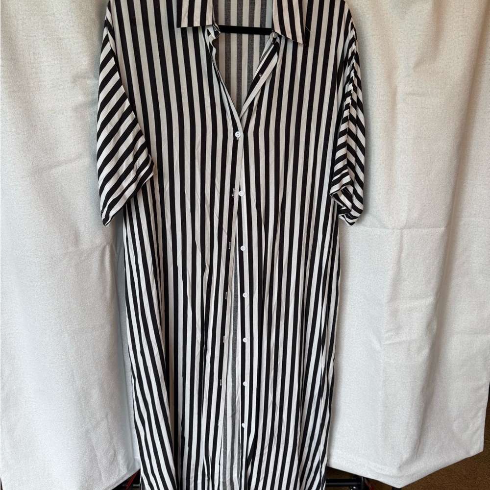Black and White Vertical Stripe Maxi Shirt Dress - Classic Summer Style